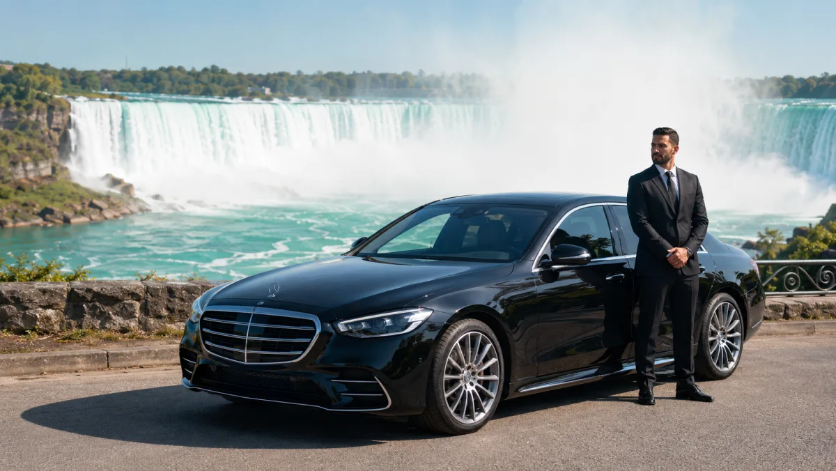 Glossy black chauffeur-driven luxury sedan for a private Niagara Falls boat-tour day from Toronto
