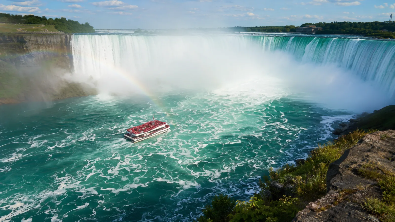 The Niagara City Cruises boat sailing into the mist at the foot of the Horseshoe Falls, Canadian side
